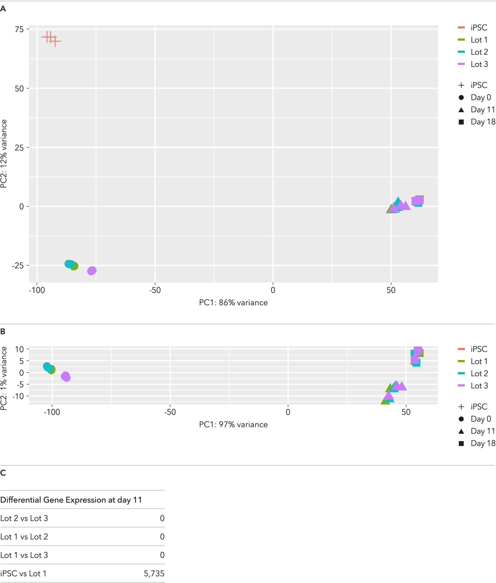 Bulk RNA-seq data represented in PCA plots demonstrates lot-to-lot consistency of 3 different lots of ioGlutamatergic Neurons.