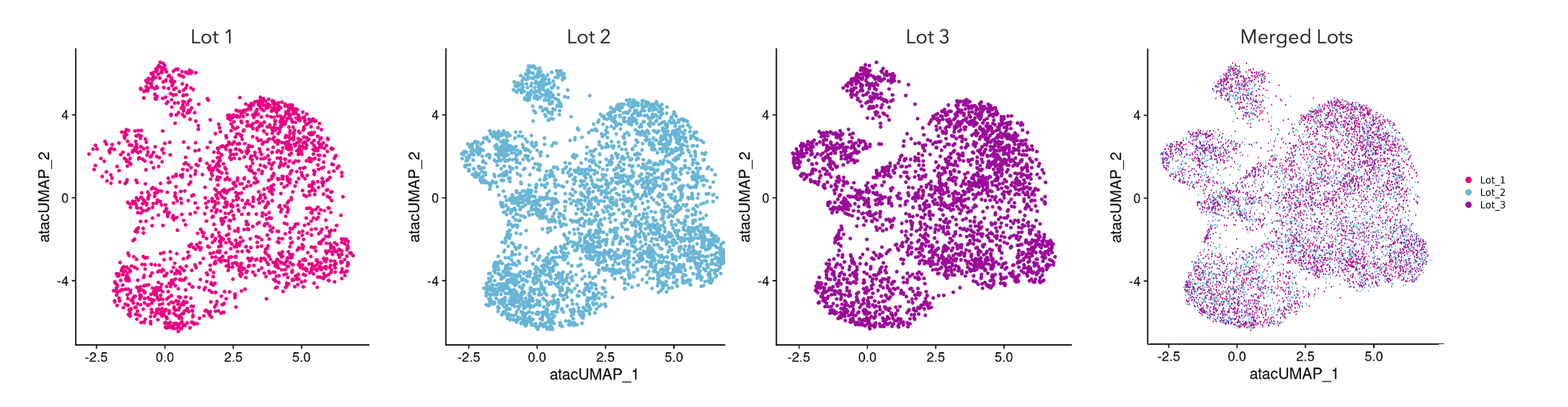 bit.bio scATAC-seq data represented in UMAP plots demonstrates lot-to-lot consistency of glutamatergic neurons